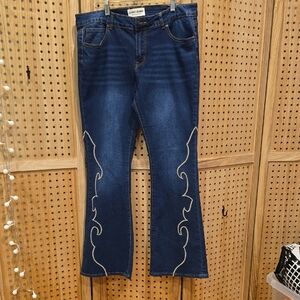 Zara Dark Blue Flare Jeans with Gray Embroidery